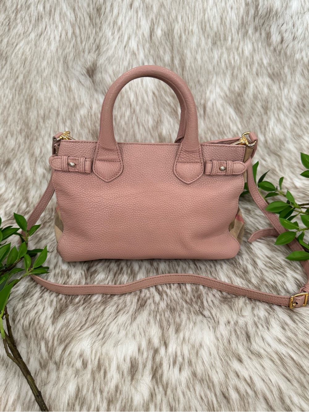 Burberry Banner Dusty Pink Pebbled Leather Satchel with Crossbody Strap